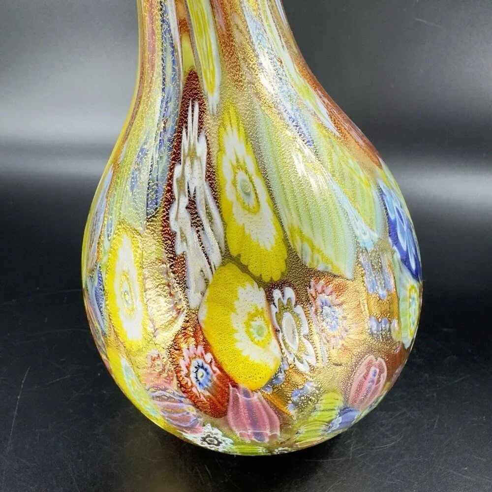 Murano Italian Glass Vase Gold Flecks Aventurine Large Multicolor Millefiori VTG